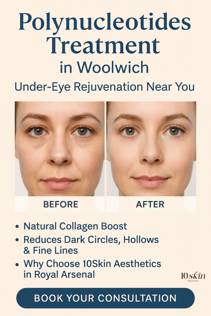 Side-by-side before and after under-eye polynucleotide treatment photos with DNA strand and collagen molecule icons, ‘Book Your Consultation’ button, and 10Skin Aesthetics logo on a light beige background.